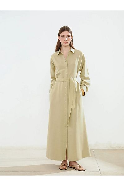 LC Waikiki Γυναικείο φόρεμα πουκάμισο LCW Modest Green Linen Blend