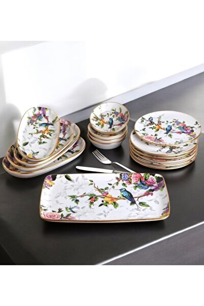 Pinkev 15 Parça 6 Kişilik Kuş Desen Seramik Pasta Kahvaltı Sunum Tabağı Takımı