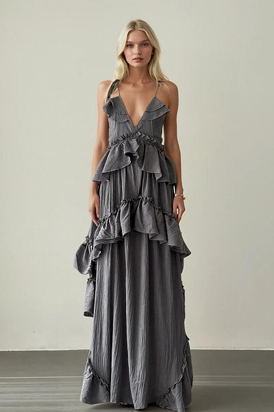 FASHION COCKTAIL Frilly Volume Wavy Moving Slitless Maxi Long Summer Beach Vacation Dress with Rope Binding Straps