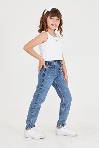 Lexsina Kız Çocuk Boyfriend Jean Rahat Kesim Pantolon Beli Ayarlanabilir Lastikli Düğmeli Lx308