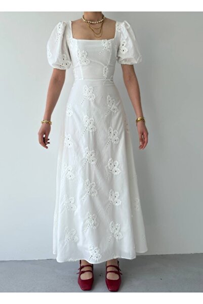 LİSAA BUTİK Kadın Beyaz Balon Kol Nakış Detaylı Tasarım Elbise
