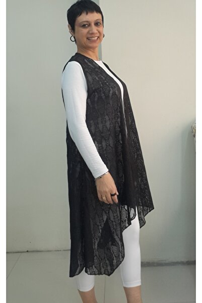 Mertcan Butik Black Asymmetrical Cut Loose Lace Vest