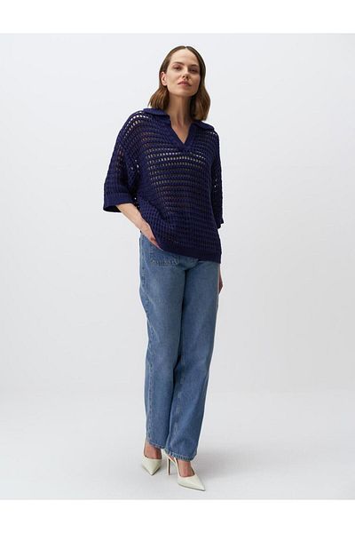 Jimmy Key Navy Blue 100% Cotton Polo Neck Openwork Knitwear T-Shirt