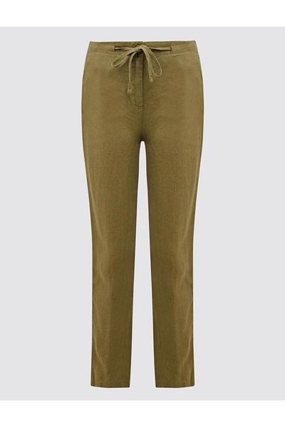 Jimmy Key Khaki 100% Linen High Waist Regular Leg Trousers