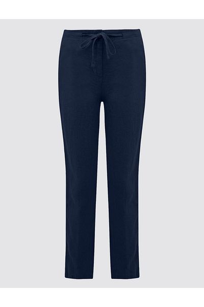 Jimmy Key Navy Blue 100% Linen High Waist Regular Leg Trousers