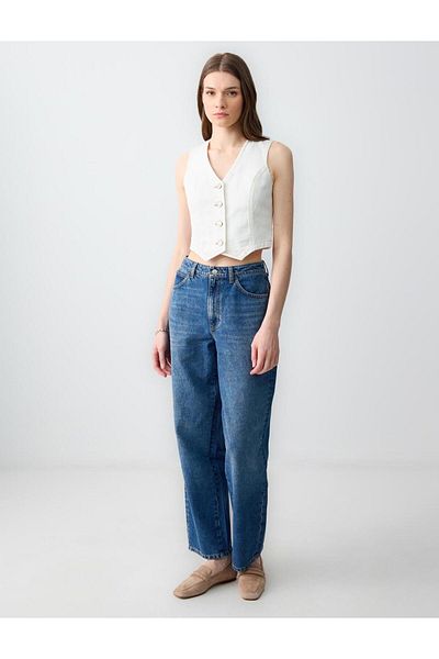 Jimmy Key Mid Rodeo 100% Cotton Relaxed Fit High Waist Loose Wide Leg Denim Trousers