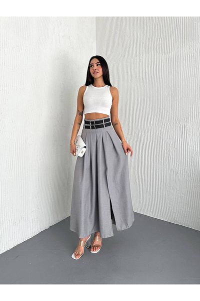BYKUZEYARAS Women's High Waist Double Belt and Pleated Slit Detail Trendy Maxi Skirt