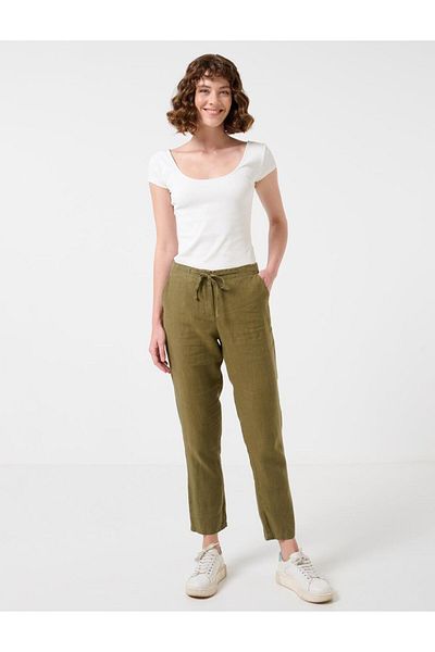 Jimmy Key Khaki 100% Linen Straight Cut Elastic Waist Pocket Trousers