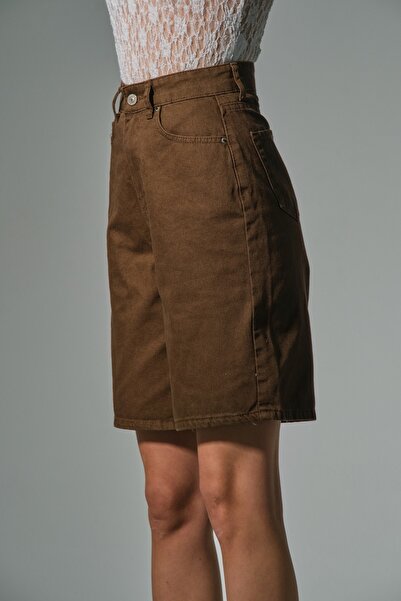 Maule Καφέ 100% βαμβακερό ψηλόμεσο Gabardine None τζιν 5 τσέπη Γυναικεία βερμούδα @udine
