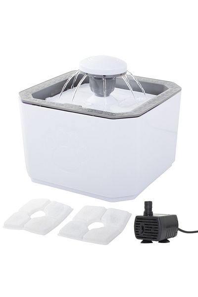 zola Bol de apa,cu fantana pentru animale,2.5L,2 filtre,putere pompa1-3 W,cablu USB 5V,19x19x17.5 cm, alb