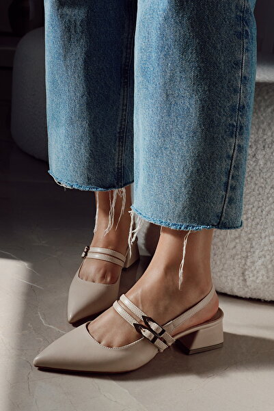 POLKA STORE Viva Double Banded Gold Metal Big Buckle Detailed Open Back Pointed Toe Short Heeled Shoes