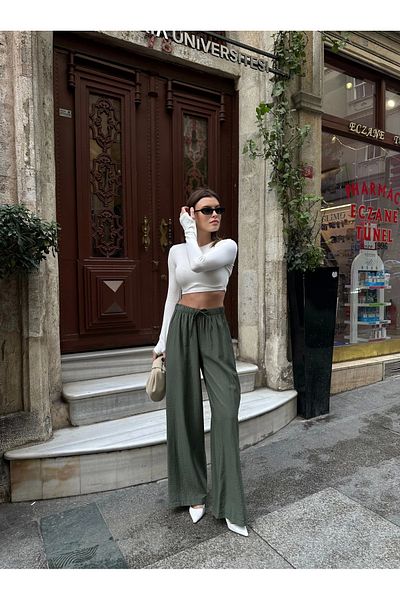 Ecenin Favorileri Khaki Elastic Waist Strawberry Fabric Women's Trousers
