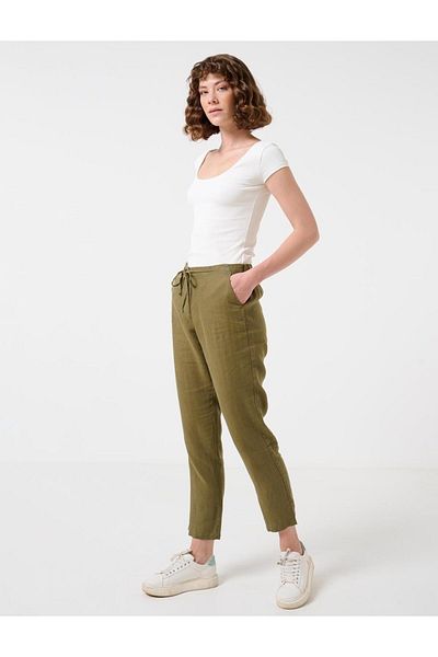 Jimmy Key Khaki 100% Linen Straight Cut Elastic Waist Pocket Trousers