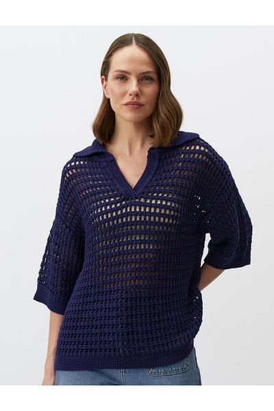 Jimmy Key Navy Blue 100% Cotton Polo Neck Openwork Knitwear T-Shirt