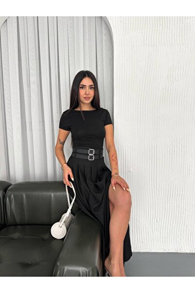 By Kuzey Aras DÁMSKÁ TRENDOVÁ MAXI SUKNA S VYSOKÝM PASEM A DVOJITÝM PÁSKEM A PLISOVANÝM ROZŘÍZENÍM