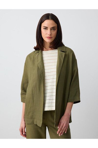 Jimmy Key Khaki 100% Linen Straight Cut Long Sleeve Jacket
