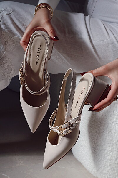 POLKA STORE Viva Double Banded Gold Metal Big Buckle Detailed Open Back Pointed Toe Short Heeled Shoes