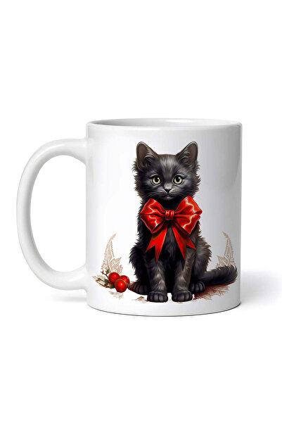 OEM Εξατομικευμένη λευκή κούπα, Μαύρη γάτα με κόκκινο φιόγκο, INOVATIX®. 330ml