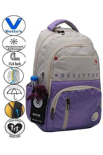 Harmela 34400 Water Resistant Casual Backpack Unisex School Bag Beige-Lilac