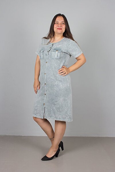 Truva XXL Plus Size Gray Front Button Washed Dress