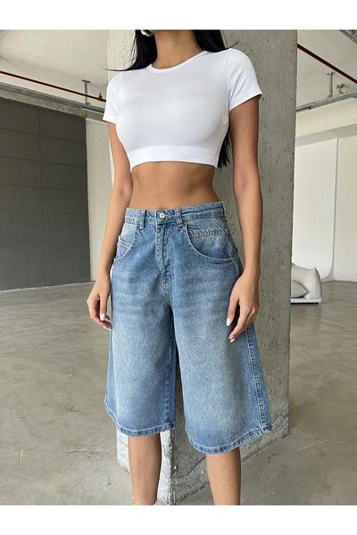 Maule Μπλε πόρπη με λεπτομέρεια Loose Cut Casual φαρδύ τζιν τζιν φαρδύ γυναικείο βερμούδα τζιν σορτς κάτω από το γόνατο @casoria
