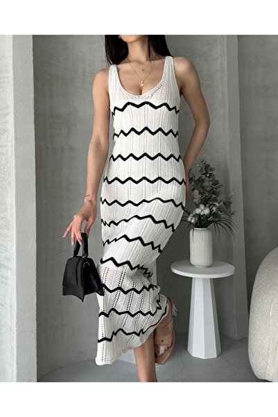 Fav Style Дамска рокля миди с V-образно деколте и без ръкави, зигзагообразна плетка, екрю