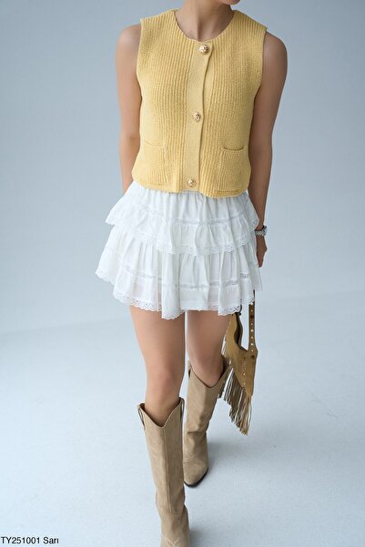 Miss Beyoğlu Fırfırlı Beyaz Şortlu Dantelli Mini Etek