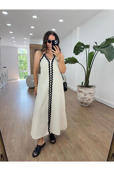 2she Linen Textured Dress - Piping Detail