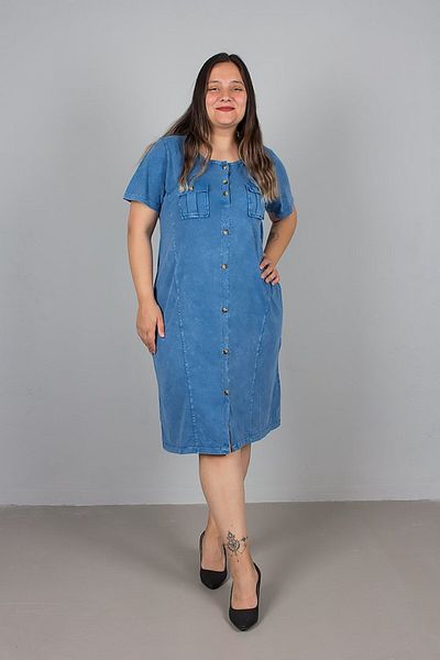 Truva XXL Plus Size Blue Front Button Washed Dress