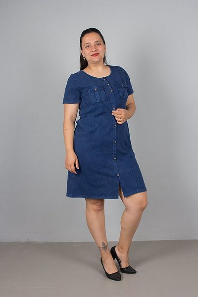 Truva XXL Plus Size Navy Blue Front Button Washed Dress
