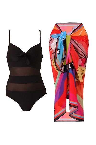 CUPSEA Women's Black Tulle Detailed Covered Swimsuit (Supported) Rainbow Patterned Multicolor Pareo Set of 2