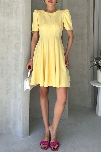 Fav Style Fusta cu mânecă scurtă prințesă cu decolteu pentru femei Rochie scurtă cu volan galben
