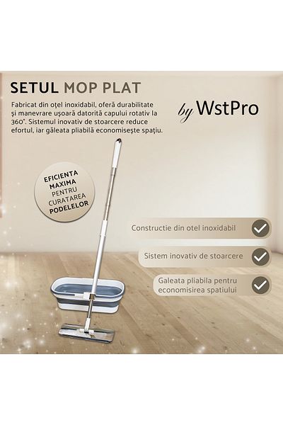 WSTPRO Professional Stainless Steel Flat Mop Set, 36 Cm, With Wringing System And Foldable Bucket