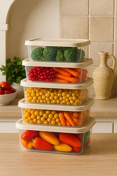 Doğuş Mutfak 5 Pieces Rectangular Food Storage Container - Microwave Suitable Organizer Beige