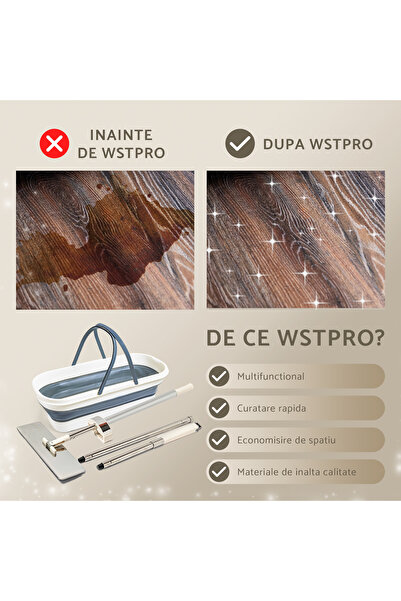 WSTPRO Set Mop Plat Profesional Din Otel Inoxidabil, 36 Cm, Cu Sistem De Stoarcere Si Galeata Pliabi