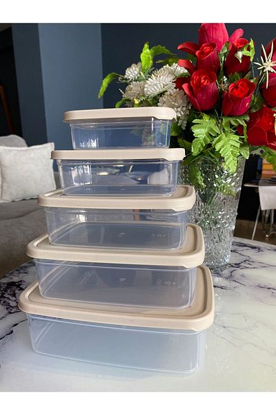 Doğuş Mutfak 5 Pieces Rectangular Food Storage Container - Microwave Suitable Organizer Beige