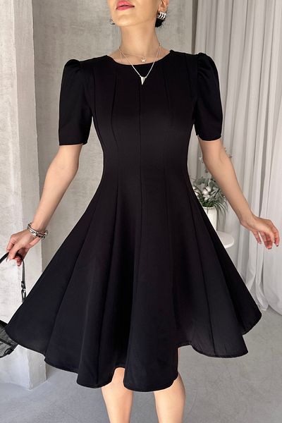 Fav Style Women's Crew Neck Princess Short Sleeve Skirt Flounce Short Dress Black