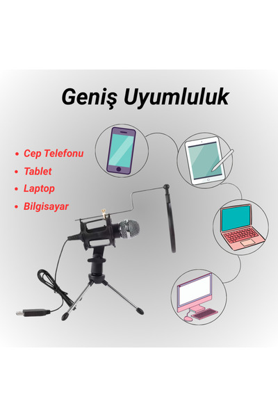 MultiZone Karaoke Cep Telefonu Bilgisayar Uyumlu Tripodlu Kondenser Youtuber Kayıt Mikrofonu