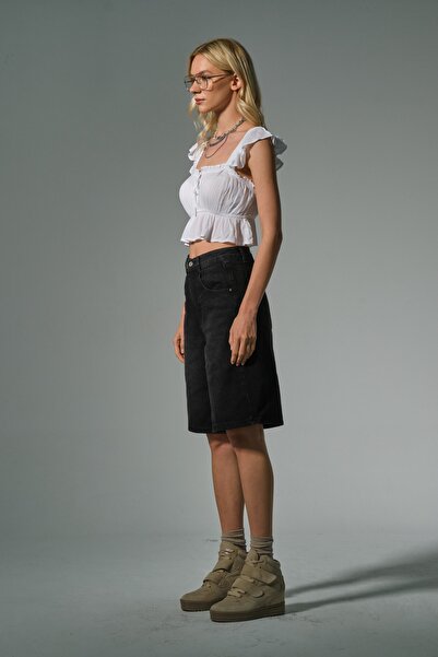 Maule Toka Detaylı Bol Kesim Rahat Baggy Jean Kot Salaş Kadın Bermuda Diz Altı Denim Şort @casoria