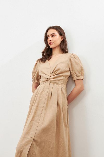 Setre Beige Gathered and Sleeve Detailed Linen Dress