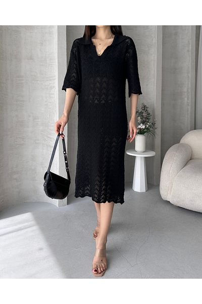 Fav Style Women's Polo Neck Short Sleeve Openwork Knitwear Midi Beach Dress Black