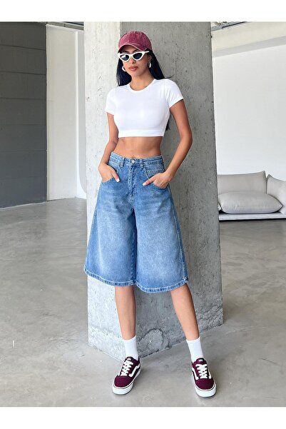 Maule Toka Detaylı Bol Kesim Rahat Baggy Jean Kot Salaş Kadın Bermuda Diz Altı Denim Şort @casoria