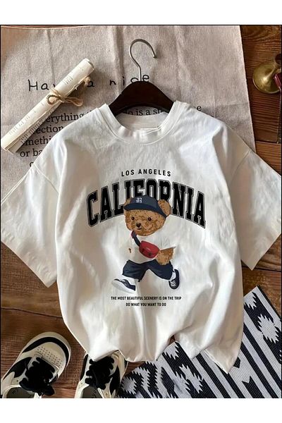 SELENA BUTİK Tricou unisex din bumbac alb cu guler rotund California Teddy Bear