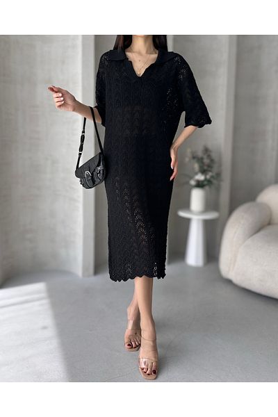 Fav Style Women's Polo Neck Short Sleeve Openwork Knitwear Midi Beach Dress Black