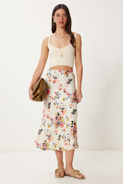 Lovelyİstanbul Fusta Midi din Satin cu Motiv BEI ORANGE LHC0008
