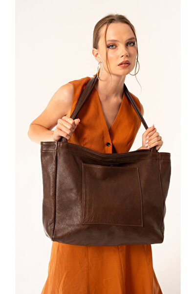 Dichento Hakiki Deri Geniş Unisex Tote Bag Çanta