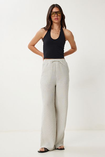 Lovelyİstanbul Striped Muslin Palazzo Trousers Anthracite Bone Lsa0010