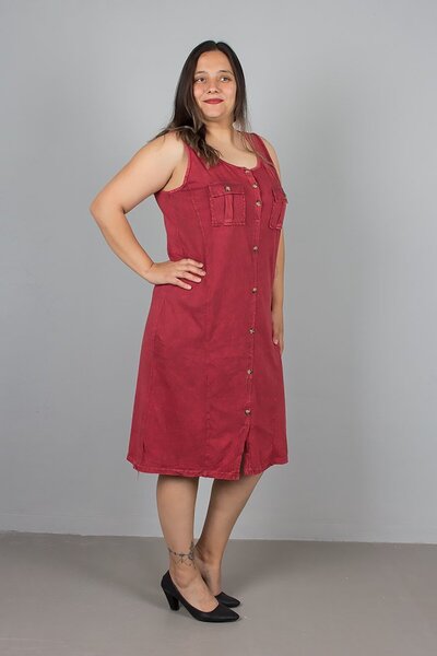 Truva XXL Plus Size Sleeveless Button Cotton Red Dress