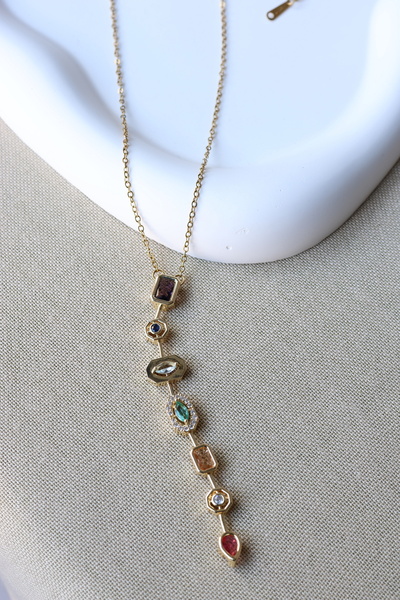 FİRST JEWELRY حجر ملون Y هالة قلادة ذهبية