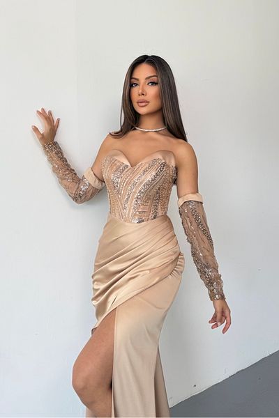 İyem Abiye Sleeves and Chest Stone Embroidered Strapless Stylish Design Satin Evening Dress Full Pattern